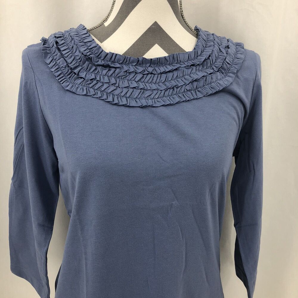 Vicki Wayne Blue 3/4 Sleeve Square Ruffle Neck T Shirt Top 2419 Medium